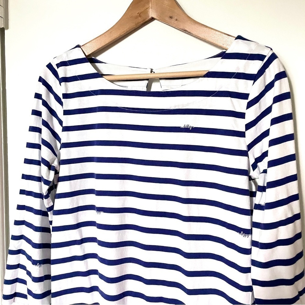 Lilly Pulitzer Beacon Mini Dress Serene Stripe Boatneck 3/4 Sleeve Pima Cotton M - Picture 4 of 9